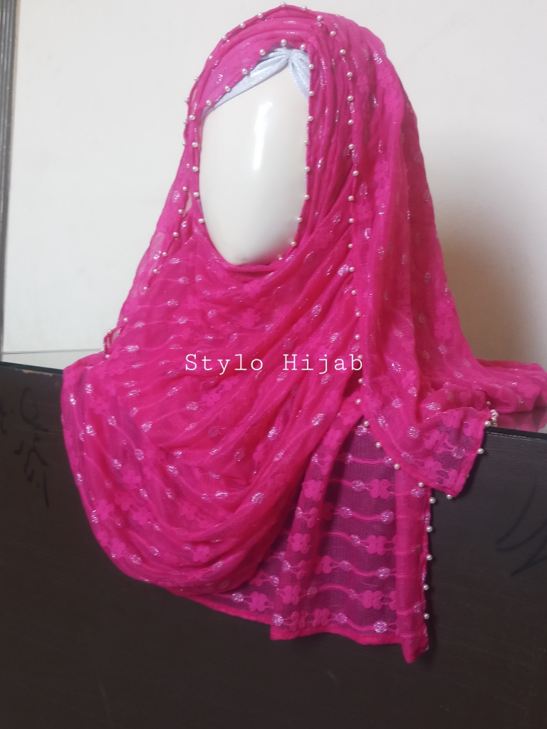 Pink Fancy Beaded Hijab - Image 3