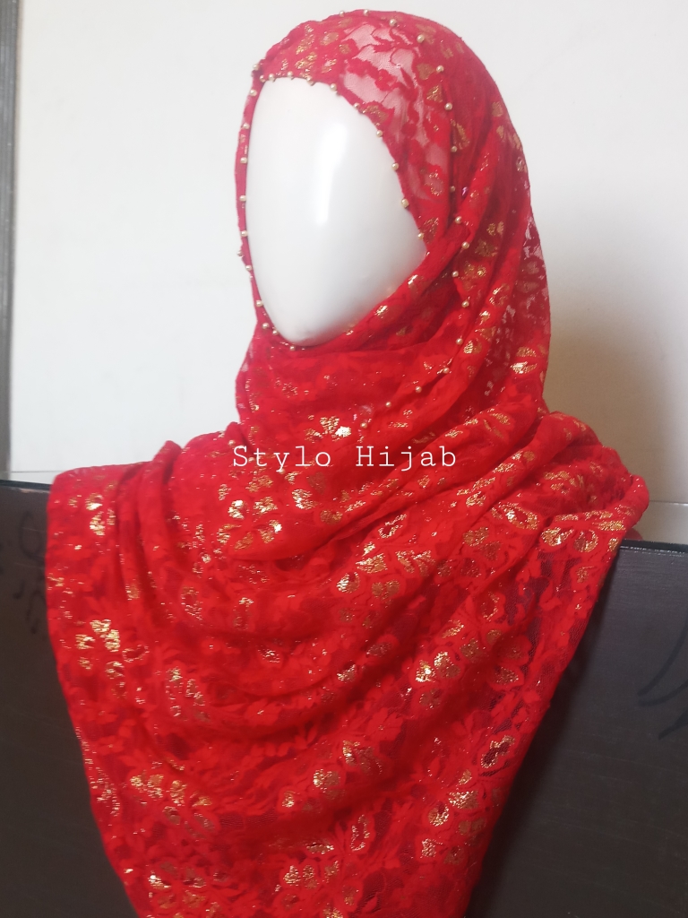 Red Fancy Beaded Hijab - Image 2