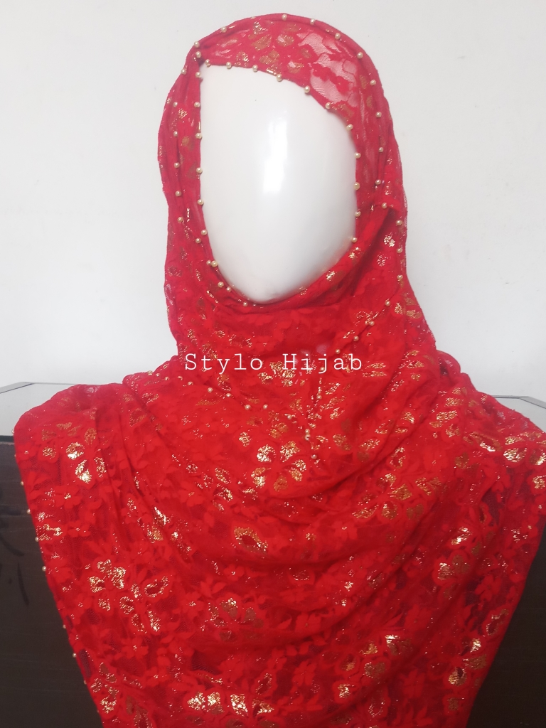 Red Fancy Beaded Hijab - Image 3